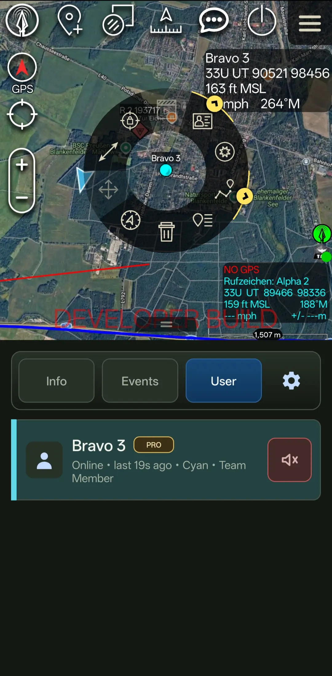 LANCE inside ATAK — team member Bravo 3 on the live map, synced over the LoRa mesh